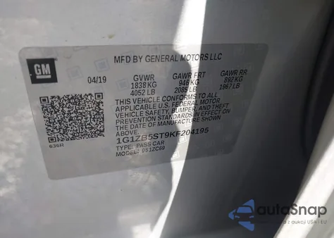 2019 Chevrolet Malibu 1Ls z USA, uszkodzony, nr VIN 1G1ZB5ST9KF204195